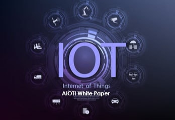 Image with text IOT - Internet of Things - AIOTI White Paper and icons representing IoT around