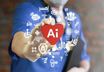 man in blue blouse holding red heart with Ai written in white on it and icons related to health in background
