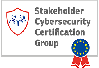 Security shield with man & woman inside, blue circle with yellow stars for Europe and red ribbon with text Stakeholder Cybersecurity Certification Group