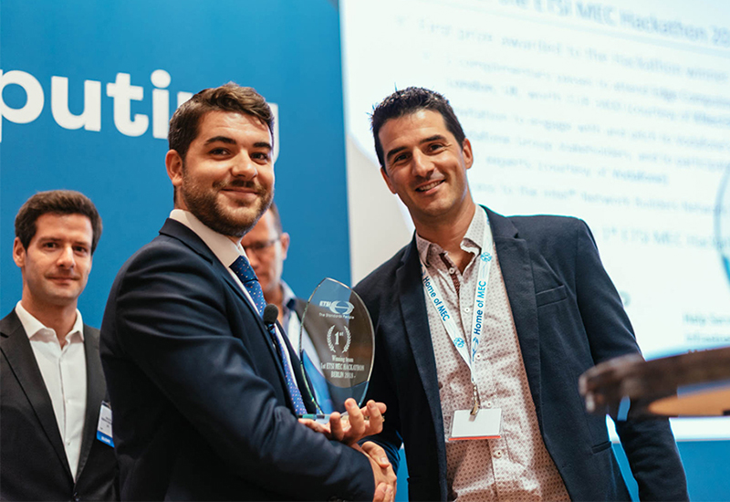 Image showing from left to right: Michele Carignani, ETSI - Mathieu Duperré, founder of Edgegap, winner of Berlin MEC Hackathon