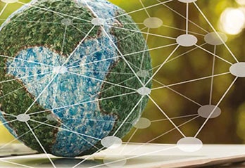 Part of globe with connection lines in greenish colours