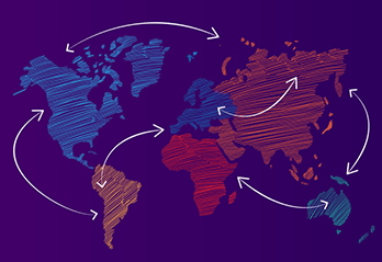 World map in colours relating continents with arrows