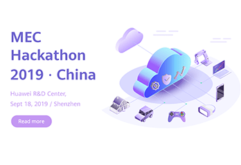Event banner, MEC Hackathon 2019 in China, objects linked to cloud