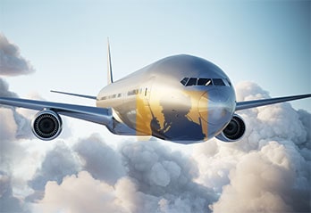 Aeroplane in the air with shadow of soldier on plane