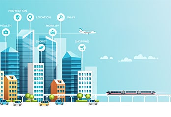 Smart city drawn with houses and transport means