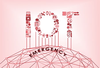 Globe with grids written emergency on it and IOT in various icons written above