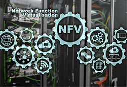 Decoration with NFV and gear icons including applications like cloud, PC, globe, radio waves etc.