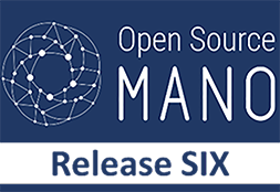 Logo Open Source Mano, white on blue background with Release SIX