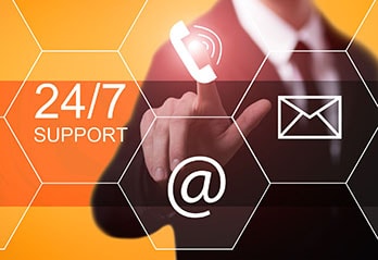 24/7 support, man touching screen with @, envelope and telephone