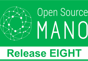 White Open Source MANO logo on green background with text Release Eight