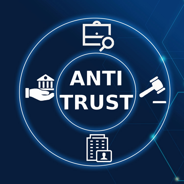 Dark background featuring a central circle with the word “Antitrust,” surrounded by related icons