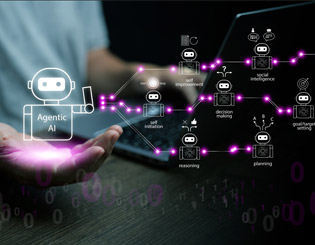 A human hand holds a 3D visualisation of an agentic AI system, populated by autonomous bots.