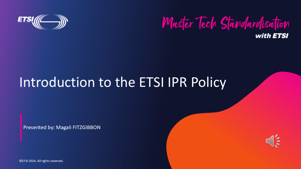 First page of the audio presentation titled Introduction to the ETSI IPR Policy