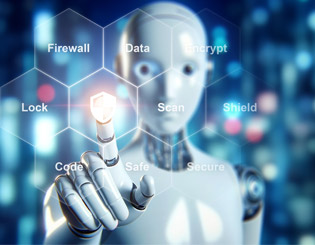 A robot interacts with a digital screen, its finger pressing on an interface filled with diverse data.
