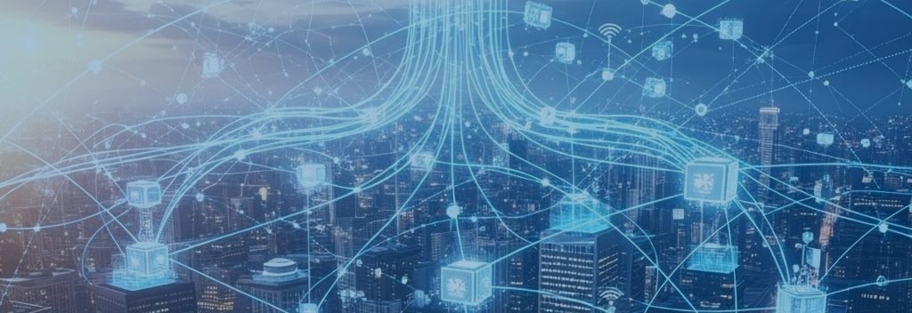 Futuristic illustration of a glowing cloud in the sky sending streams of data into a city below, with interconnected digital nodes and network lines linking buildings in a smart, connected urban environment.